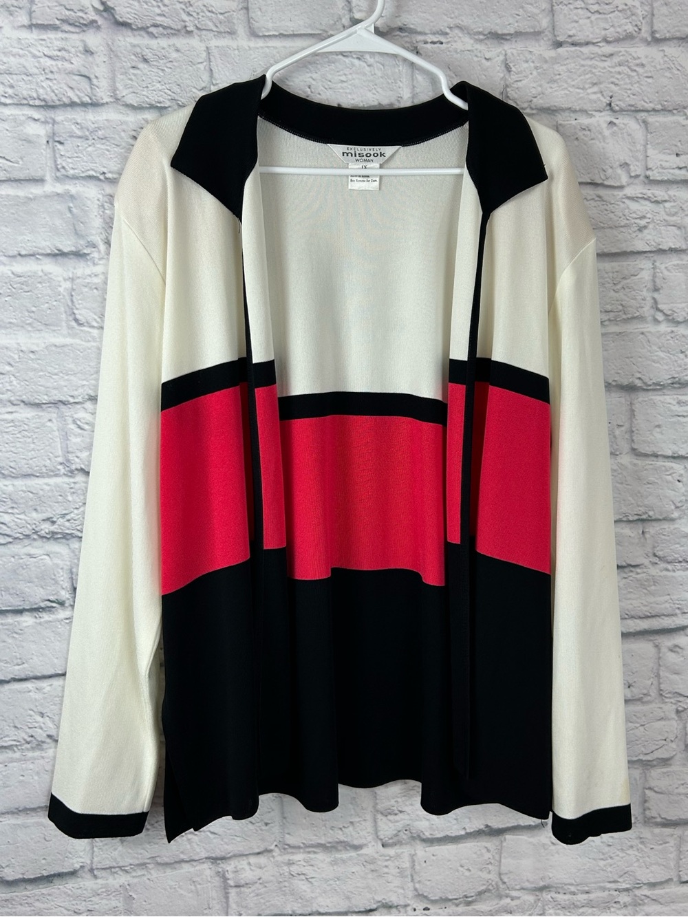 Misook Woman Colorblock Open Front Cardigan Size IX Cream Black Red